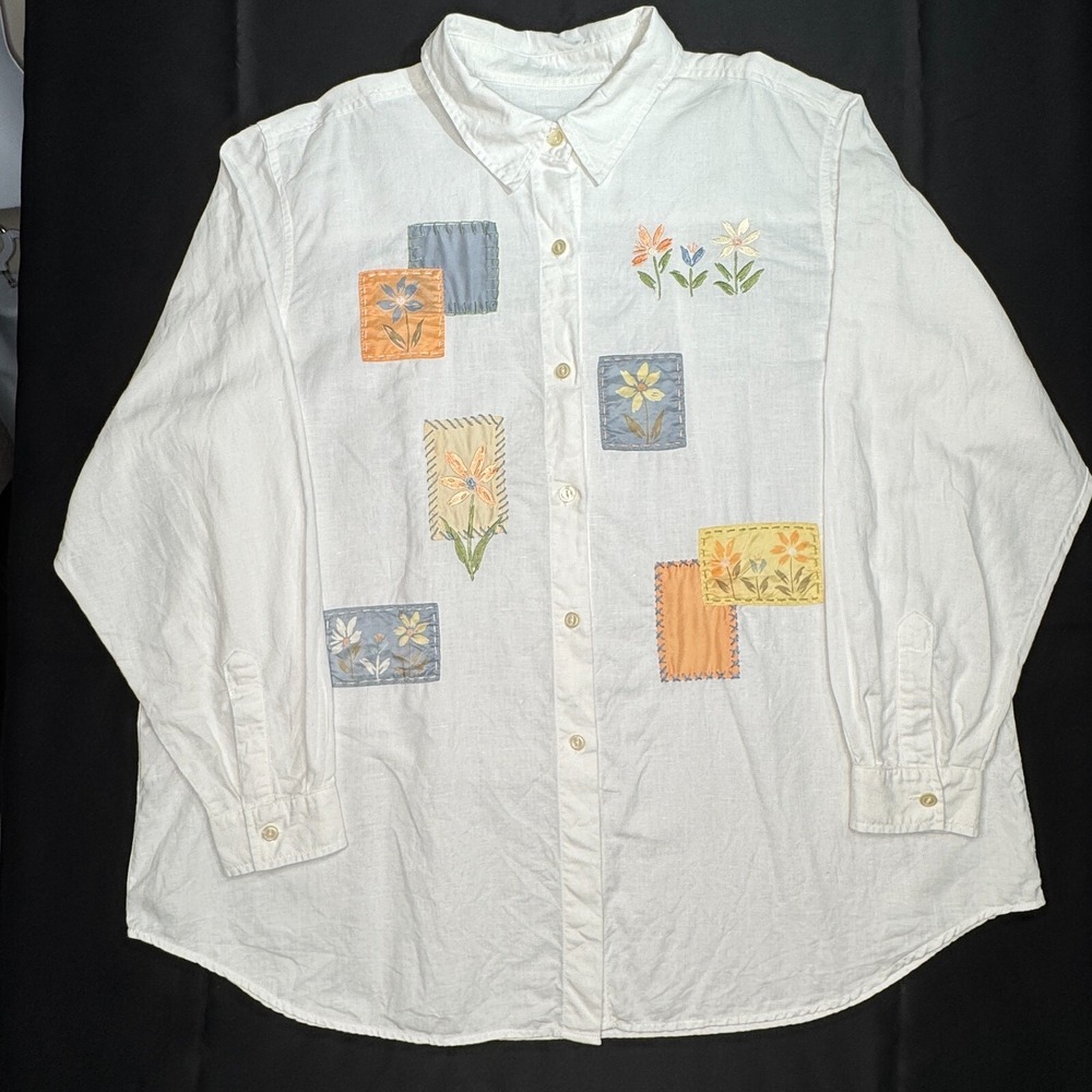 Susan Bristol Top Womens 2X White Linen Cotton Embroidered Patchwork Button Up